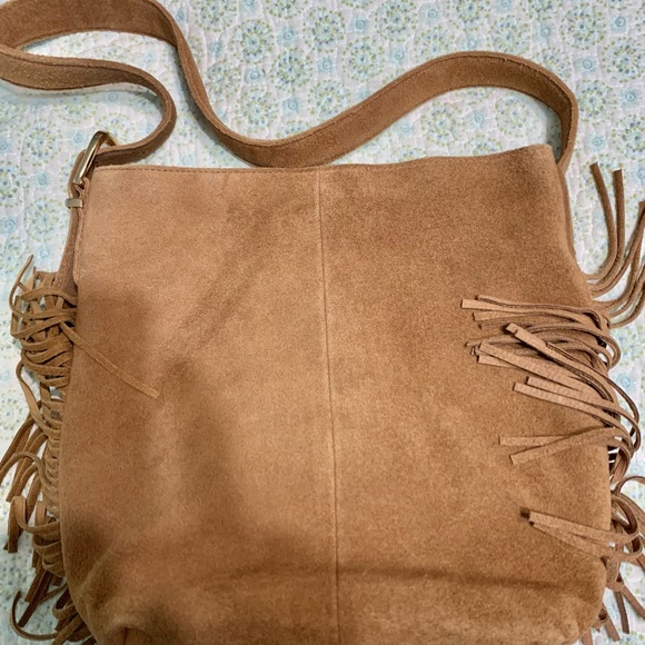 Haute Hippie Tan Suede Fringe Bag Shoulder Bag 12”x11” Boho - Picture 3 of 11